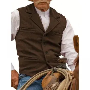 Men's Tweed Cowboy Vests Hunting Fishing Wool Herringbone Retro Elderly Aged Adult Men's Vintage Western Casual Business Vests Menswear Tops