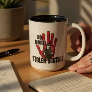 No More Stolen Sisters Mug | 15oz Red Hand Awareness Coffee Cup | Sublimated Ceramic Mug