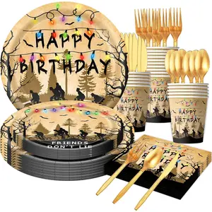 Stranger TV Tableware Set, Movie Theme Happy Birthday Table Decorations, Including 9″ and 7″ Paper Plates, Paper Cup, Napkins, Fork, Knife, Spoon, Theme Party Decoration for Boys & Girls