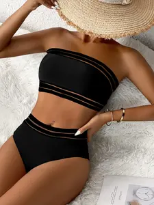 Women's Sexy High-Waisted Colorblock Print Bikini Set, Colorblock Design, Perfect for Beach & Pool, Ideal Gift for Her, Fitted Swimwear