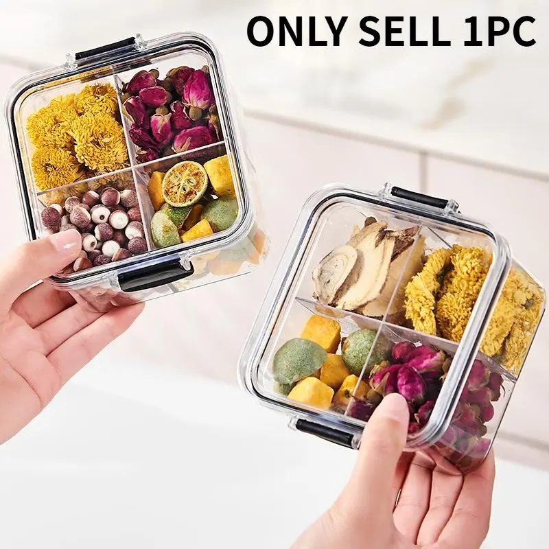 460ml Divided Sealed Box with Leak Proof Compartments, 1 Count 4 Grid Kitchen Food Storage Flower Tea, Dried Fruit and Snack Container Storage Box, Kitchen Plastic Containers with Lids