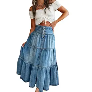 Women Summer Denim Skirt Casual Solid Color Ruffled Hem High Waist A-Line Jeans Skirt for Club Streetwear