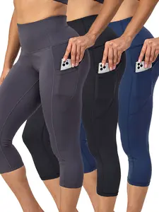 UIUO-UIPEU 3pcs Pack High Waist Tummy Control Yoga Pants Plus Size Capri Leggings for Women With Pockets Butt Lifting Workout Yoga Pants Black Gray Blue workout leggings butt lifting