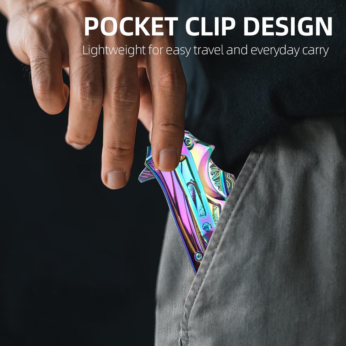 Vibrant Rainbow/Gold Damascus Folding Knife, Perfect for Hiking Camping & EDC