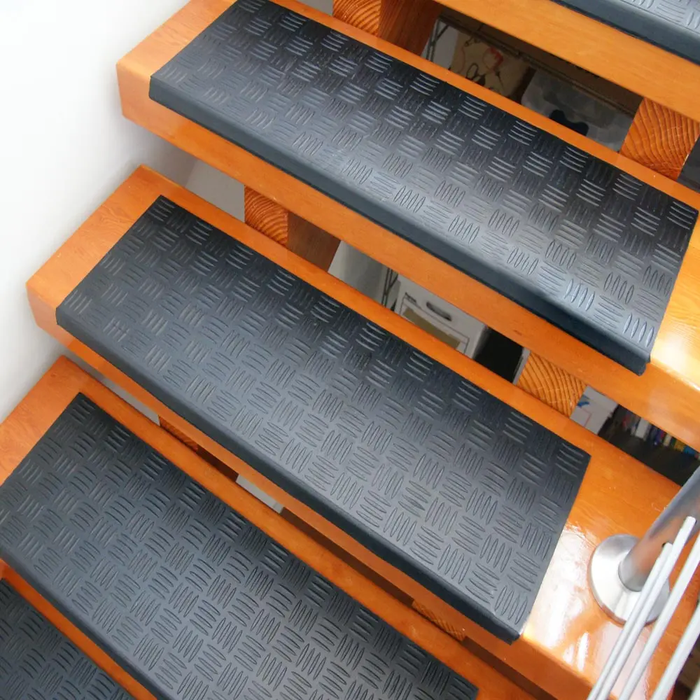 Rubber-Cal "Diamond-Grip" Recycled Rubber Step Mat - 9.75" x 29.75" inches - Black Stair Tread Mat - 6pack