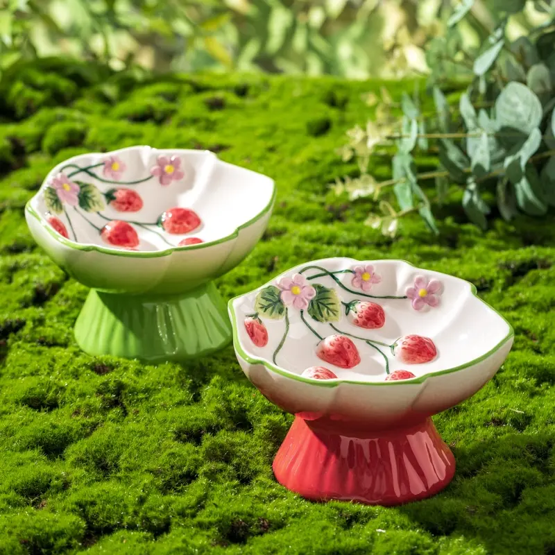 Ceramic Strawberry Slow Feed Bowl with High Feet Design, Elevated Slow Feeder, Slow Feeder Bowls, Anti-Gag and Anti-Spill Cat Feeding Bowl, Neck Support for Cats and Kittens