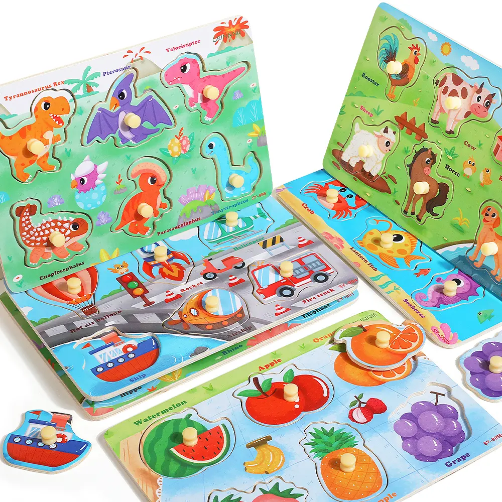 6 Pack Wooden Peg Puzzles Set for Toddlers 1 2 3 4 - Montessori Ocean, Dinosaur, Vehicle & Animal Educational Learning Board Game, Fine Motor Skills Birthday Christmas Gift for Boys Girls
