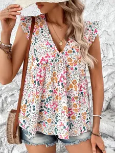 Women's Casual V-Neck Sleeveless Bohemian Style Boho Top Blouse, Loose Fit All over Print Summer Fashion, Small Floral Pattern, Perfect for Women