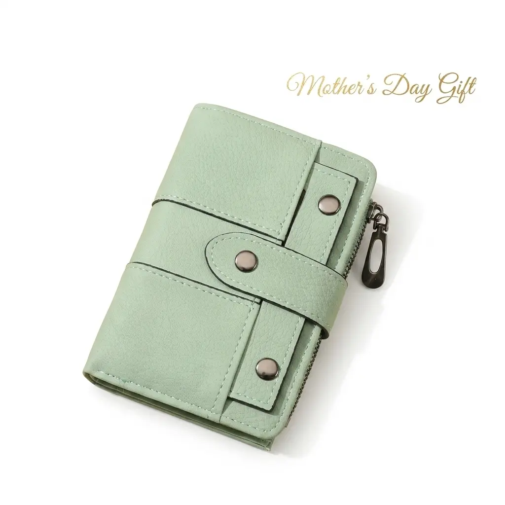 Women's Mint Green Bifold Vegan PU Leather Wallet - Casual, EDC, Compartmentalized, Handmade Compact Clutch, Mother's Day Gift, Snap Closure, Zipper Pocket, Multi-Card Slots, RFID Protection, Casual Women's Wallets, Edc Women's Wallets