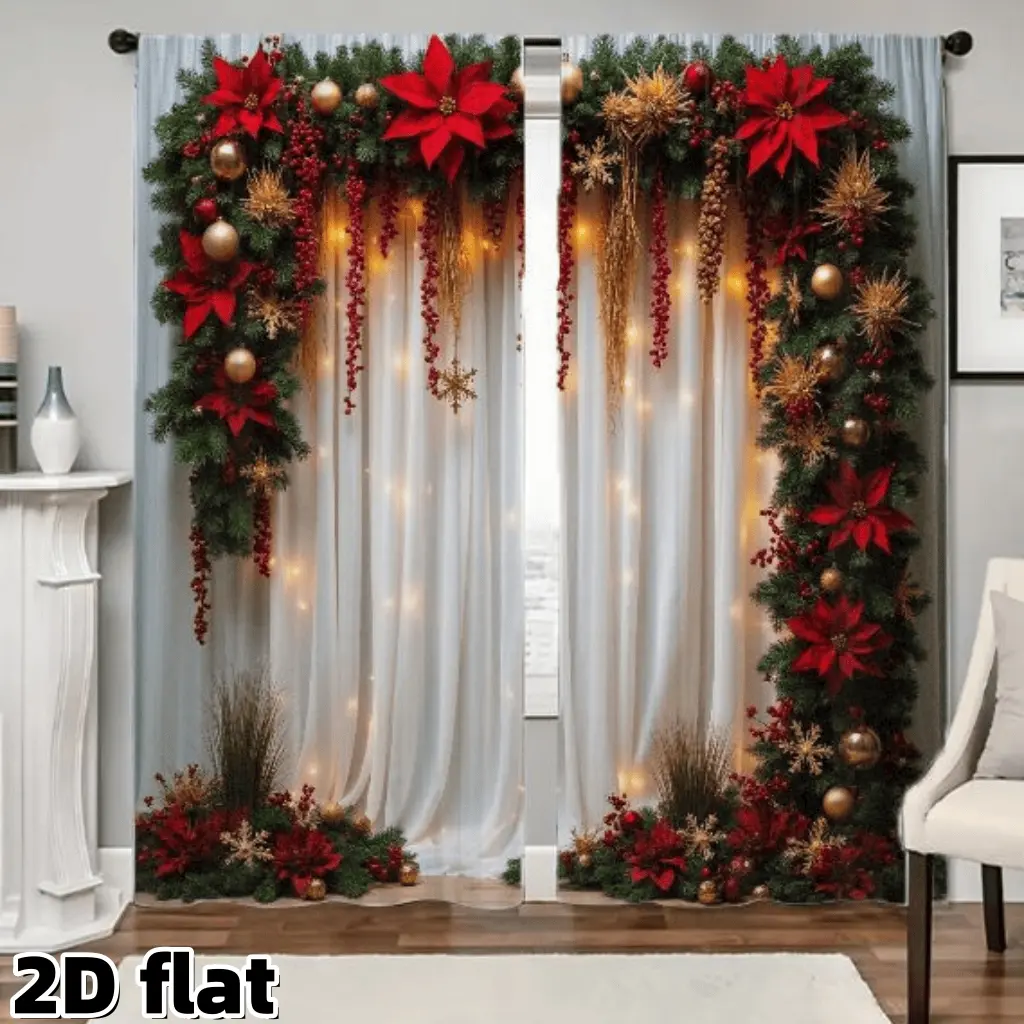 Christmas Poinsettia Ring Curtain Rod Bag Set, Half Sunshade Polyester Fiber Holiday Window Decor, Festive Pinecone Flower Gold Ball
