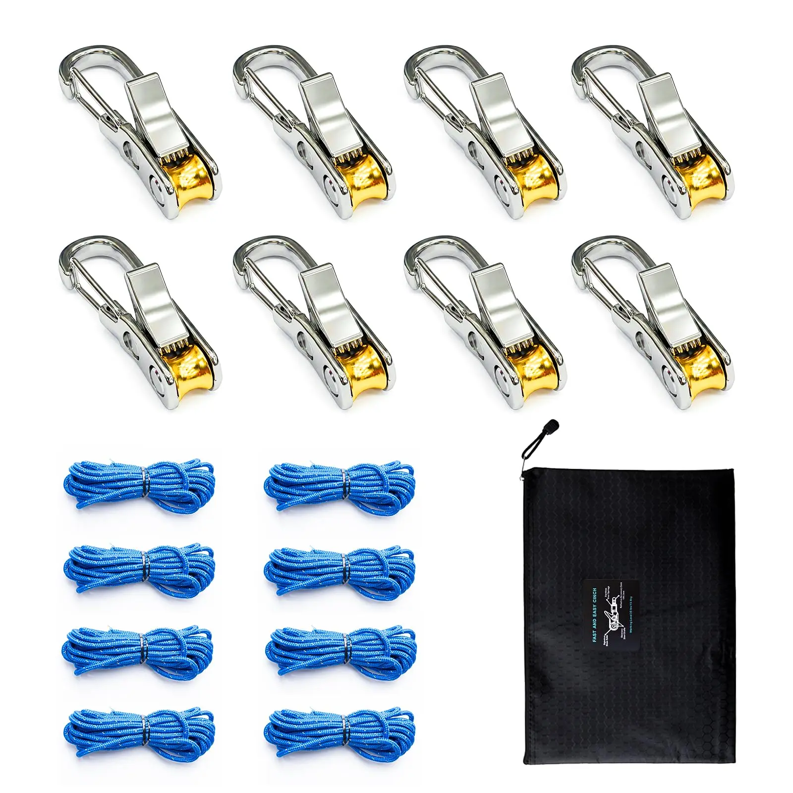 8-Pack QEG Rope Tensioner & Tightening Tool, Rollercam Heavy-Duty Tie Down, Ideal for Camping, Tarps, Boating & Outdoor Equipment, Includes 8 Reflective Cords + Carry Bag - Memorial Day Deals & Memorial Day Sale