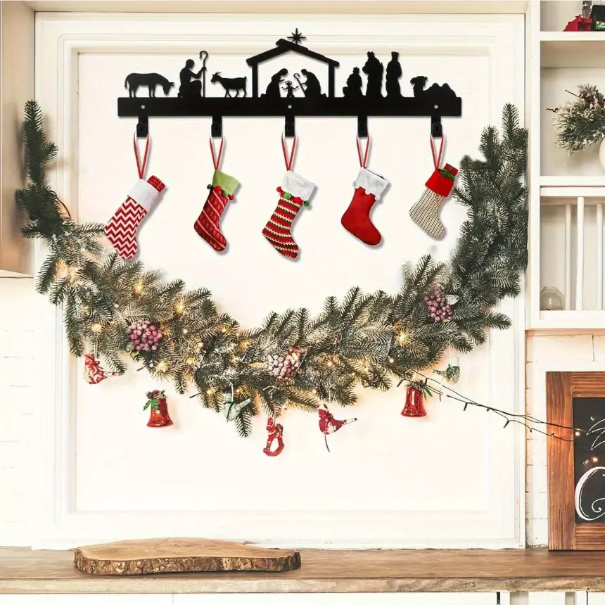 Holiday Stocking Organizer - Wall-Mounted Metal Rack with Hooks