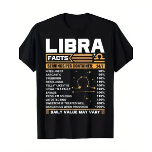 1pc Libra Zodiac Facts Printed T-Shirt - 100% Cotton, Casual Street Sports Outdoor Crew Neck Tee, Breathable Moisture-Wicking, Slight Stretch, Flared Hem, Digital Heat Transfer, for Men & Teens, Four Seasons,  double print   Vintage Metalcore Graphic
