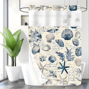 LVRLVR 1pc Coastal Vintage Seashell Shower Curtain with Sheer Top Window, Detachable Liner & No Hook C-Ring, 70.8" x 74"