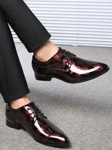 Men's Large Size 4 Colors Leather Shoes, Printed Glossy Pointed Toe, Fashion Classic British Style, Business Casual Office Shoes