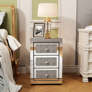 Mirrored Nightstand with 3 Drawers, Silver Glass Sofa Side Accent End Table with Crystal Handle, Easy Assembly Mirrored Night Stand Bedside Table for Bedroom Living Room, 15.75''x15.75''x23''