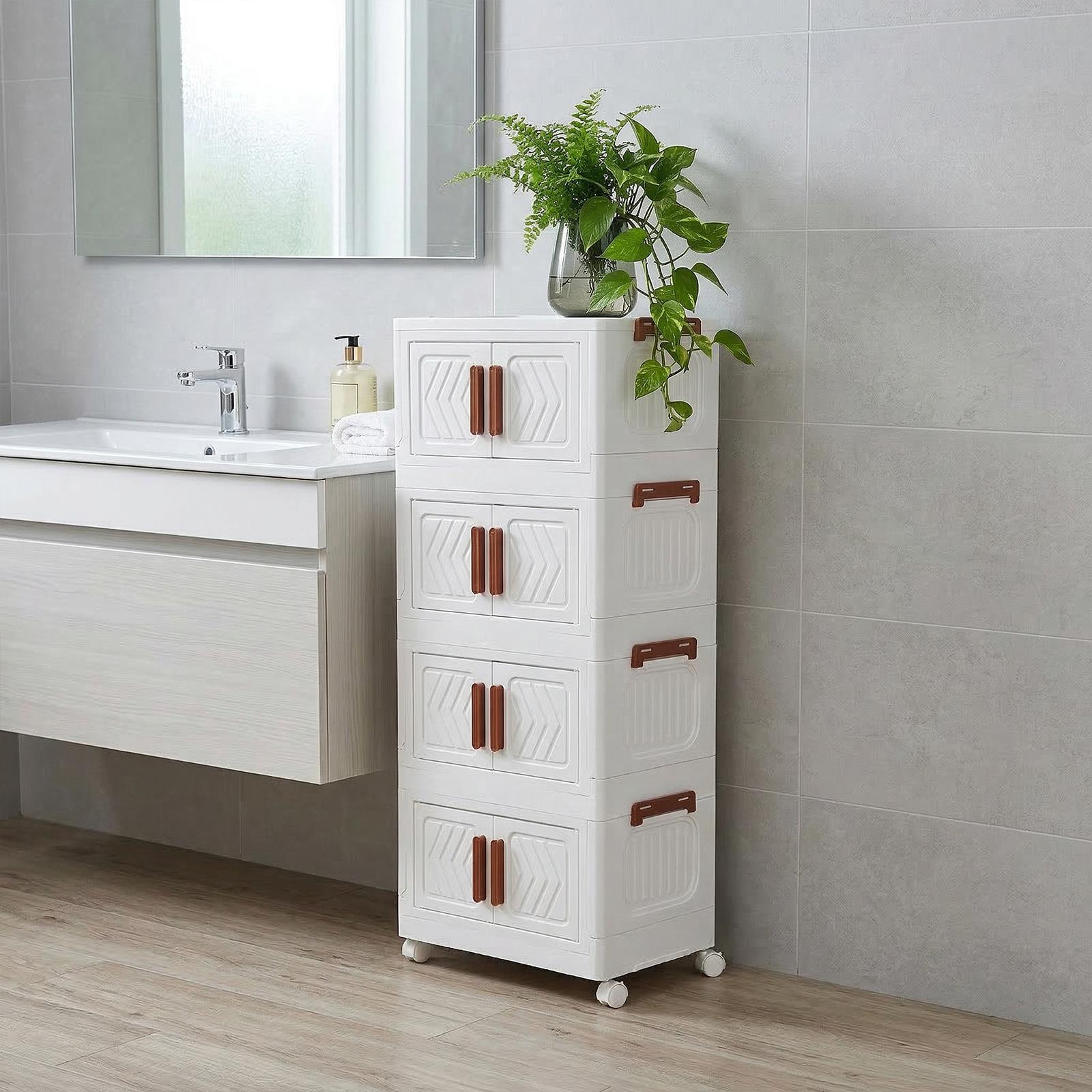 4 Tier Collapsible Storage Bins with Doors & Wheels Stackable Closet Organizers (Clear White)