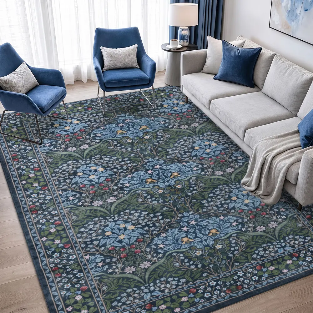 Traditional Floral Velvet Area Rug - Red and Blue Living Room Carpet, Vintage Room Decor