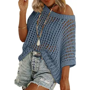 Women's Crochet Hollow Out Knit Top Sexy Oversized Mesh Net Sweater Casual Off the Shoulder Raglan Sleeve Summer Beach Cover Up Knitwear Womenswear, European and American style unique fishnet knitted ribbed pullover round neck short sleeve top for women