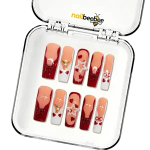 Cherry Red Bow & Pearl Star Mid Square Press-On Nails,10pcs Handmade Cherry Red Bow Pearl Star Mid Square Press-On Nails | Red French Heart Nails | Reusable Festive Fake Nails | Romantic Gift for Her