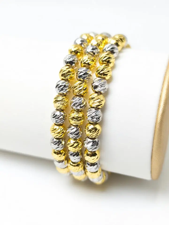 3 IN 1 TWO TONE DIAMOND CUT BEADED BRACELETS