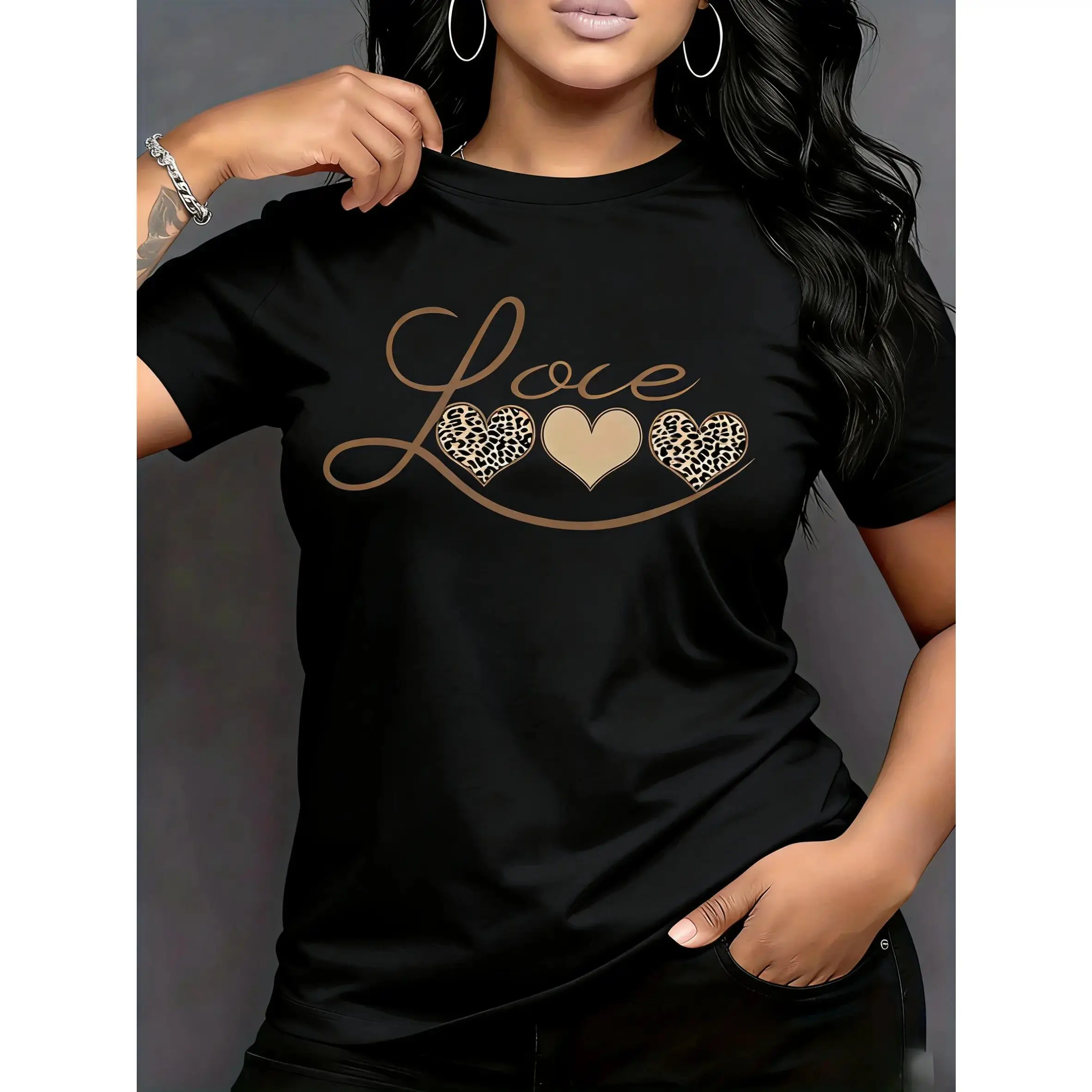 Women's 100% Cotton Oversized T-Shirt - Smooth Fabric, Round Neck, Short Sleeve, Leopard Print Heart Design, Versatile, Suitable for Spring & Summer, All-Season Casual Top