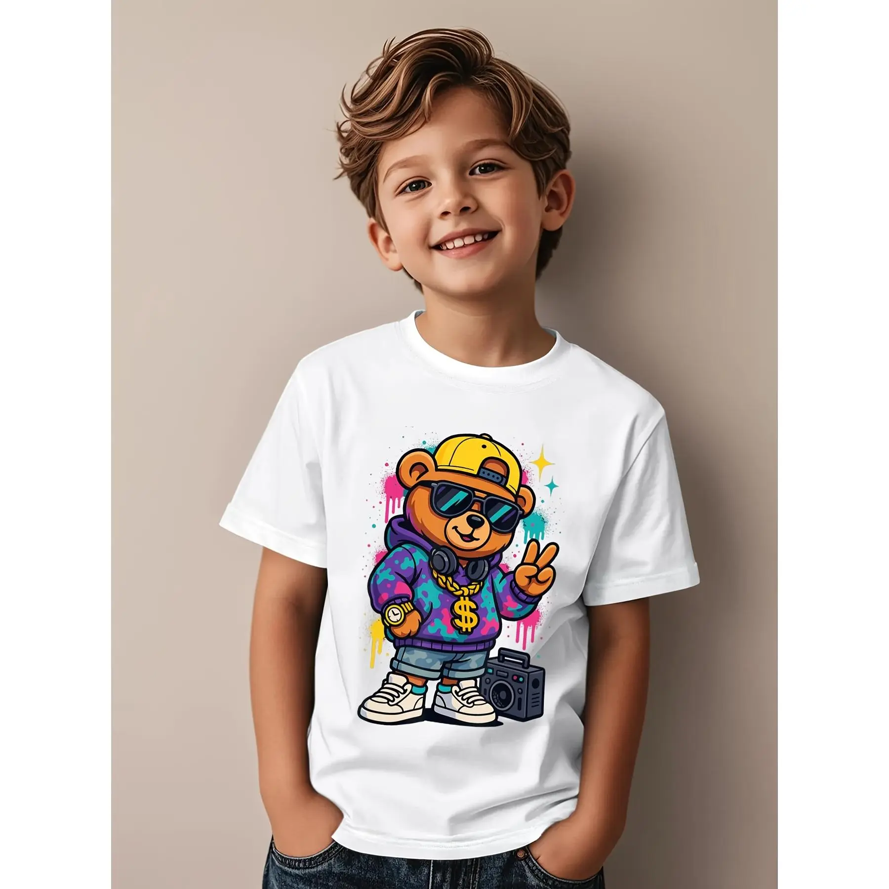 Hip Hop Teddy Bear Funny Awesome Graphic Kid T-Shirt Fashion Kid T Shirts Street Style Tops Tees for Kid