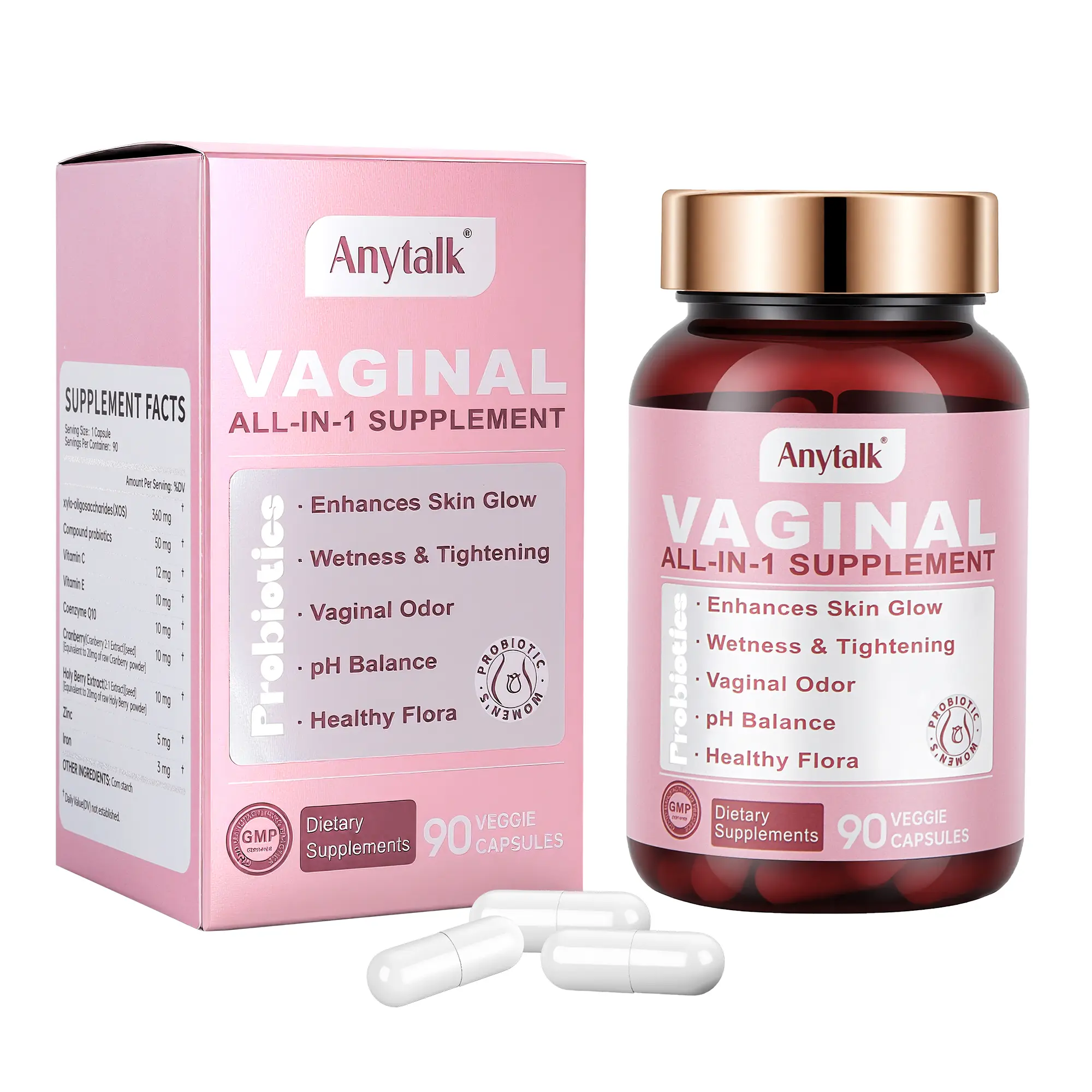 Anytalk Probiotics Women's Health Supplement - Lactobacillus, Cranberry, Antioxidants Probiotic & Prebiotic Blends, pH Balance, Moisture, Odor Control Support - 90 Capsules