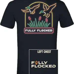 Fully Flocked Short Sleeve Gildan Softstyle T-Shirt. Neon Flying Ducks Design. Black Color