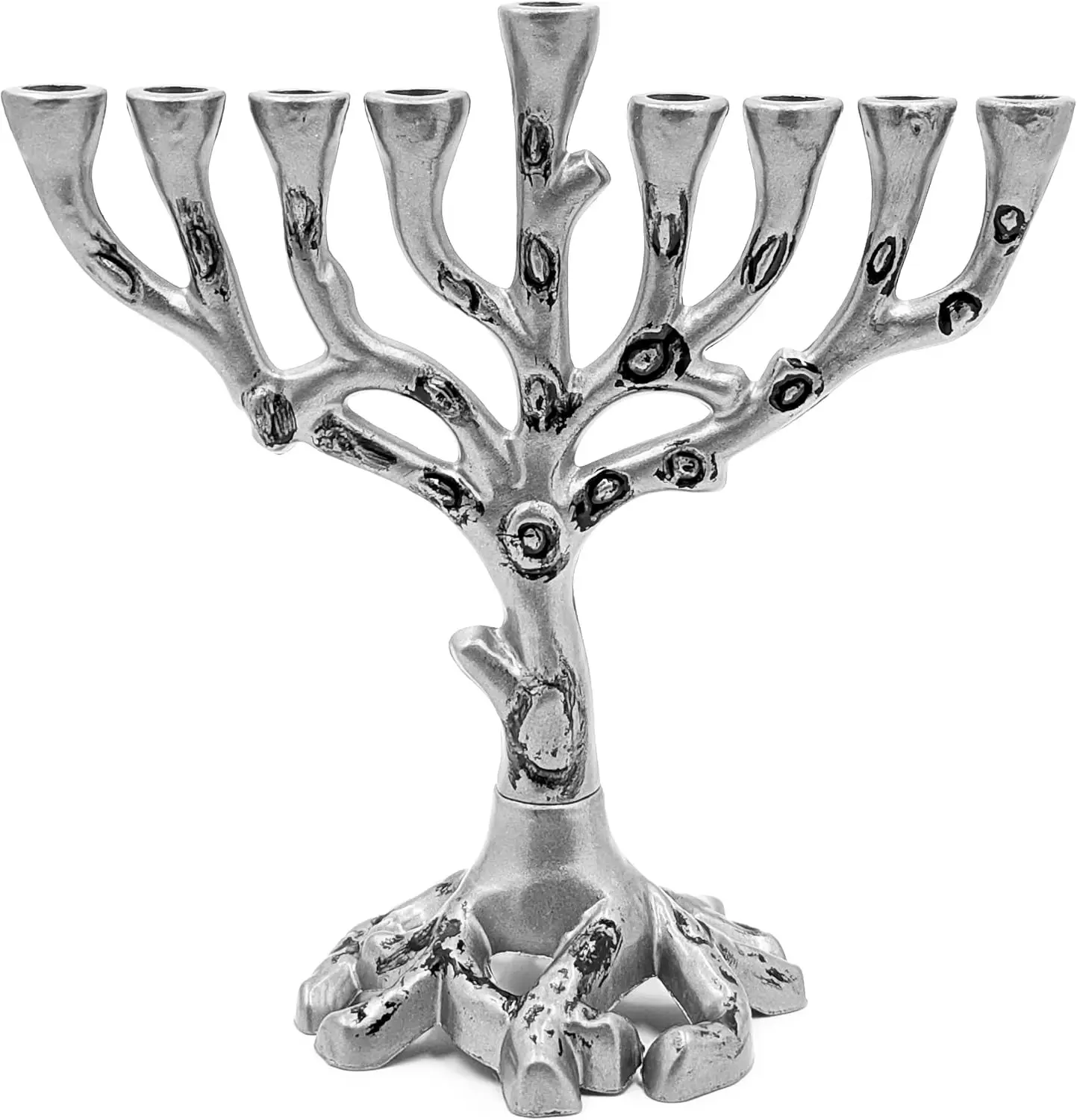The Dreidel Company Hanukkah Menorah Tree of Life Mini, Pewter Finish for Chanukah, Fits Most Standard Candles