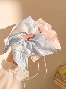 Fresh Sweet Lace Bow Plaid Square Scarf Hair Elastic, Girls' Ponytail Headband, Fashionable Versatile Hair Accessory, All Seasons