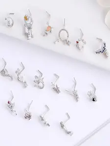 16Pcs Dangle Nose Rings & Studs - Stainless Steel L Shape & CZ Butterfly, Flower, Moon, Snake, Heart & Wings Planet Dangling Nose Piercing Jewelry for Women & Men (20G) Silver Gold Tone