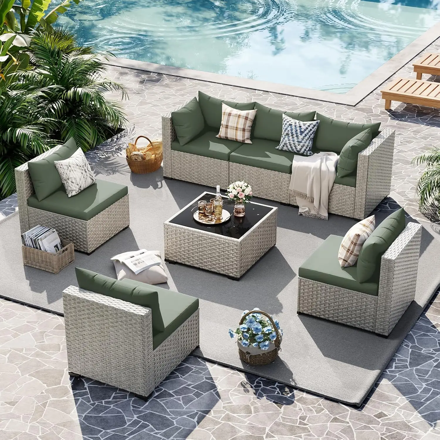 [2 packages delivery]UDPATIO Modern Outdoor Greenish Wicker Sofa Set 7-Piece All-Weather PE Rattan Patio Sectional Set with Coffee Table, Outdoor Conversation Set for Patio, Garden, Backyard SpringGardening summerwins