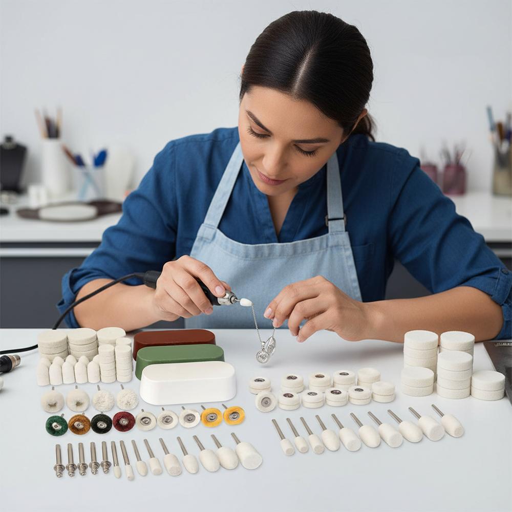  72pcs Wool Felt Polishing Buffing Wheel Heads with Polish Compound Suitable for Jewelry, Watch Repair, Rotary Tools Accessories, 1/8" Shank Buffing Heads for Rotary Grinders, Polish Compound Applicator for Hobbyists & Professionals