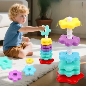 Baby Rainbow Rotating Stacking Music Collar/0-3 Year Old Rotating Tower Toy/Puzzle Color Number Size Cognitive Toy/Parent Child Interactive Toy/Hand Eye Coordination Exercise/Christmas