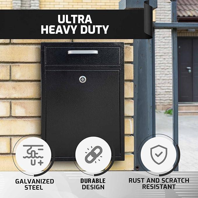 VORVIL Locking Mailbox Wall Mount - Galvanized Steel Mailbox with Keys for Outdoor - Secure Modern Design Large Drop Box for House & Office