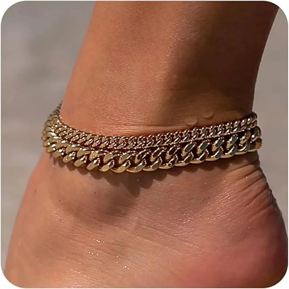 Women's 14 Karat Gold Waterproof Titanium Cuban Chain Anklets - Adjustable Size, Dainty Layered Look, Plain Set Pair Summer Beach Fashion Costume Jewelry