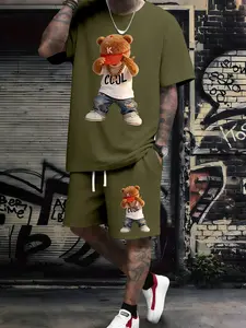 Men’s summer regular-fit cotton short-sleeve T-shirt and shorts set featuring a hip-hop bear graphic print. Fashionable casual menswear for going out, with pockets and an elastic waistband drawstring. Suitable for running, golf, fishing, basketball, campi