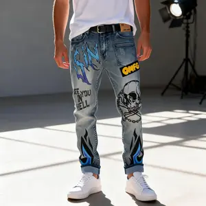 Men's Classic Slim Fit Stretch Graffiti Print Streetwear Straight Jeans Pants Menswear Trouser Denim Motocross stylish relaxed  Casual Fashion Breathable Jackets Tapered Shoe Operator-002 Tapered Shoe Operator Shoe Operator Tapered