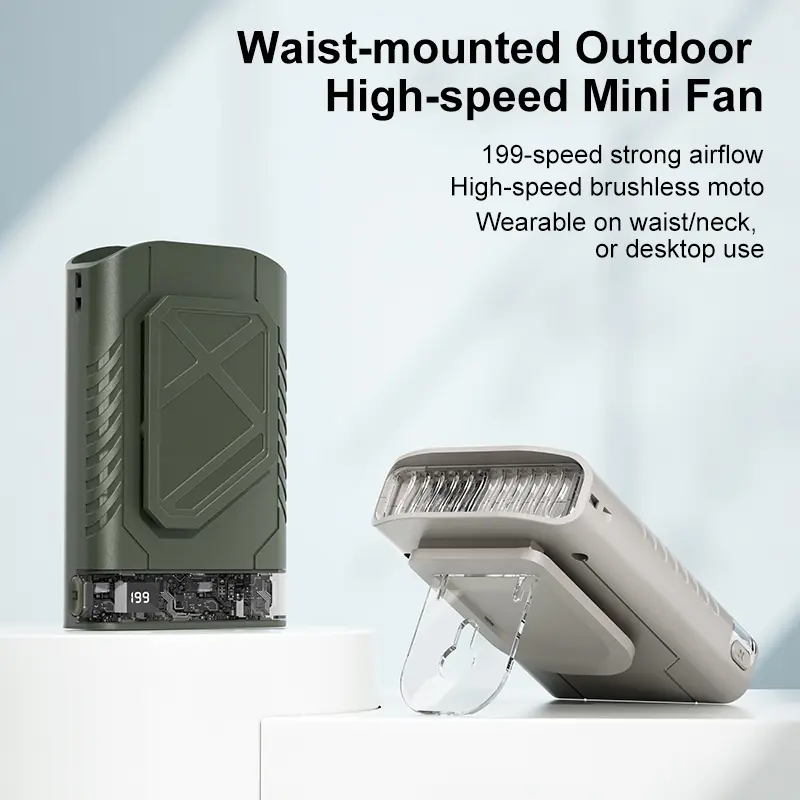 Waist Mount Portable Mini Fan, 360° Airflow 199 Speed Adjustable Wearable Cooling Fan with 3600mAh Battery, Brushless 54 Blades Personal Clip Fan for Outdoor Fishing Hiking Working, Neck Hanging & Desktop 3 Ways Use