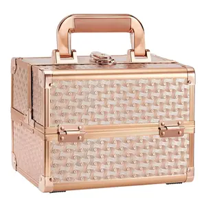 Beauty Makeup  Case for Lady Portable  Box  Organizer Lockable with  and Mirror 2-Tier Trays Carrying with Handle Makeup Storage Box - Rose
