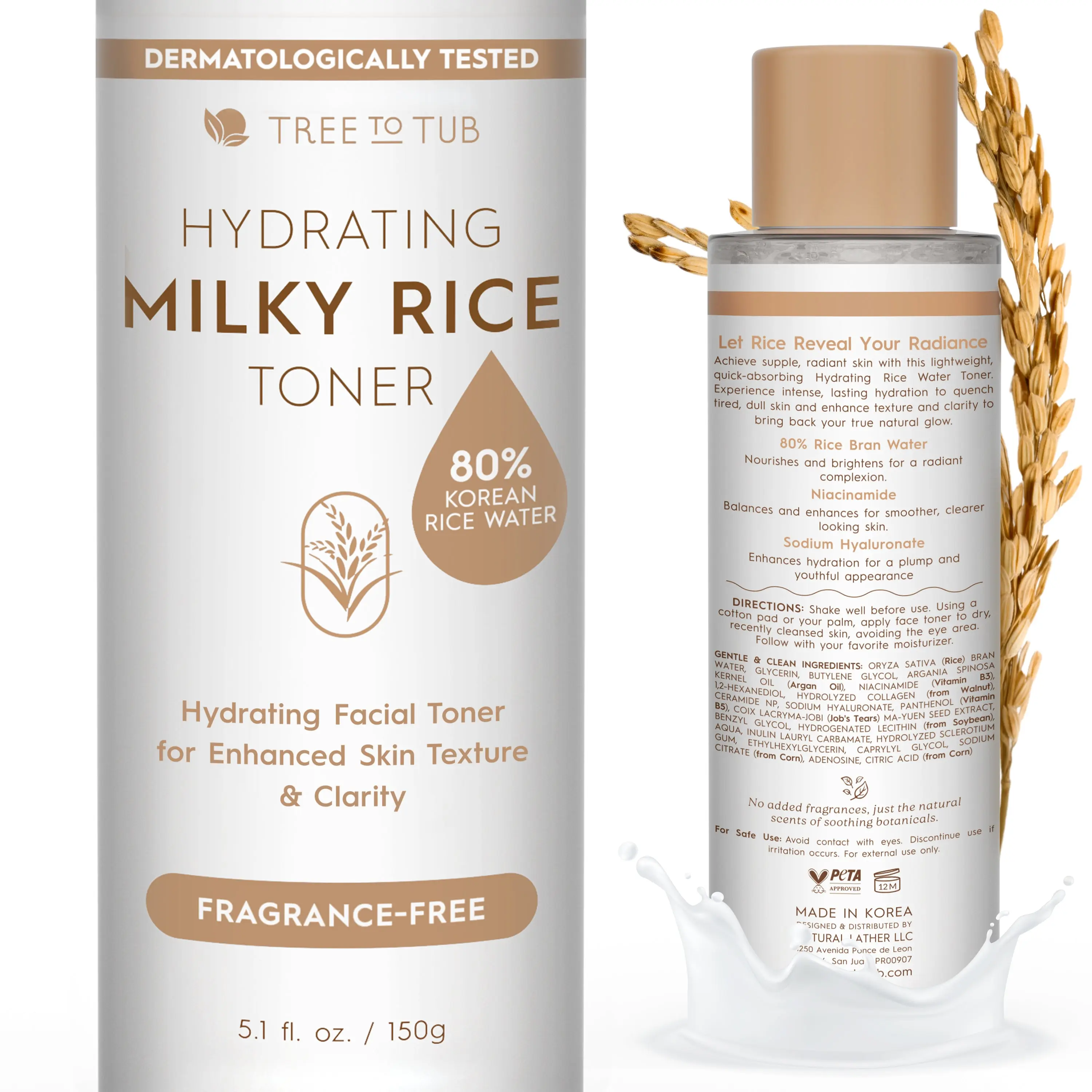 Tree to Tub Hydrating Milky Rice Toner with 80% Korean Rice Bran, Niacinamide & Ceramide  – Brightening Skincare for Dry, Dehydrated Skin