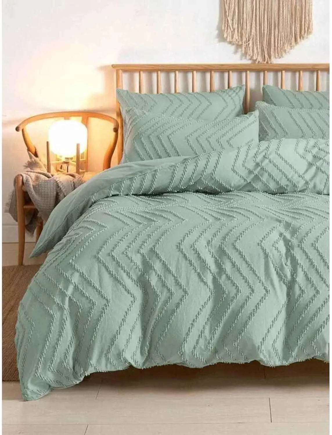 Green Tufted Boho Duvet Cover 3pcs, Queen King Size,  Microfiber Bedding Comforter Cover Set, All Season Aesthetic Shabby Chic Soft Embroidery Textured Geometric Quilt Cover 90x90, 104x90 inch,Burnt Orange Black Light Gray Grey