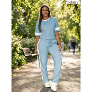 Yodutry|Color Block T-Shirt Pants Set Casual Striped Short Sleeve Tracksuit Drawstring Waist Loungewear Co-Ord Loose Fit Athleisure 2-Piece Outfit BreathableSoft Fabric Set  Olive Green Side Stripe TracksuitStraight Leg Sweatpants