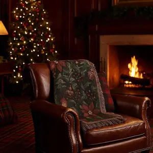 Moody Holiday Pattern Woven Cotton Blanket | Burgundy and Dark Green Christmas Tapestry Throw