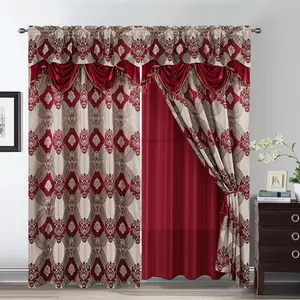 Elegance Curtains with   Threads 2 Panels Set - Luxury Window  Attached Valance, Sheer Backing, and 2 Tie Backs for Bedroom and Living Room, 54x84 inches, Burgundy