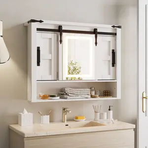 PAKASEPT Bathroom Medicine Cabinet with Sliding Barn Door,Mirror Medicine Cabinet Wall Mounted,Wall Cabinet with Lights, Bathroom Vanity Cabinet with 2 Adjustable Shelf,3 Colors Touch LED Lights,White drawer storage