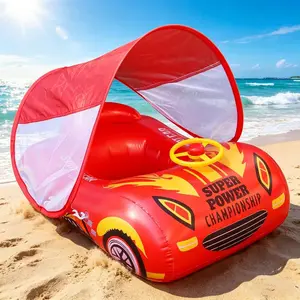 Inflatable Sun Protection Swim Ring, Outdoor Inflatable Car Seat Float, Kids Racing Style Swim Ring with UV Shade Canopy, Inflatable Pool Float, Inflatable Pool Floaters