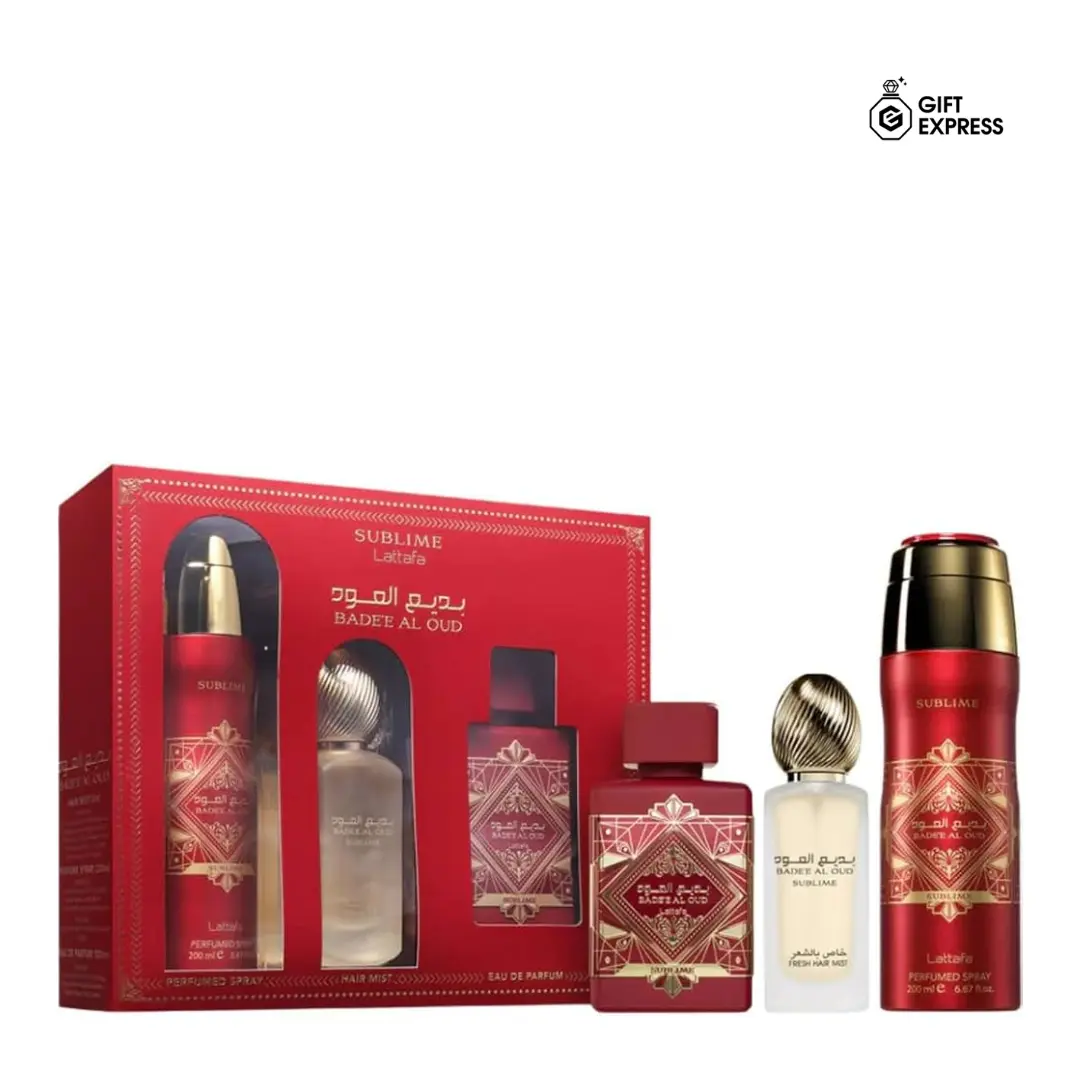 LATTAFA BADEE AL OUD SUBLIME 3 PC SET 3.4 EDP SPRAY + 6.8 DEO SPRAY + HAIR MIST Fragrance Ensemble Set Arabian Fragrance Edp Perfume Set