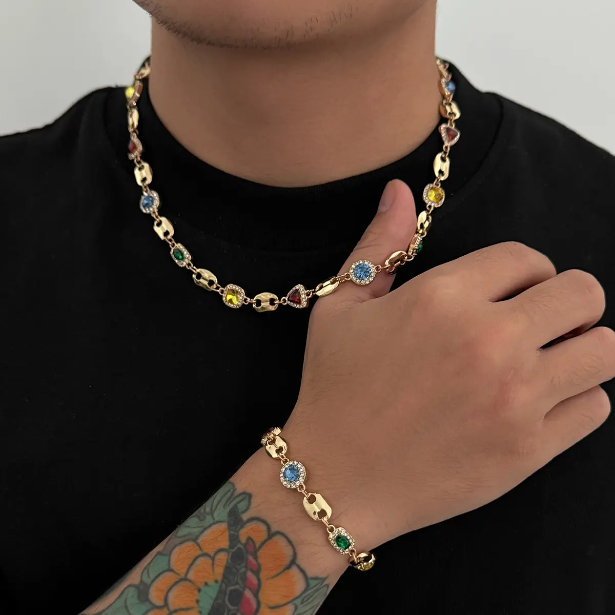 18K Gold Plated Color 3A Zircon Coffee Bean Charm Necklace Bracelet For Men Irregular Hip Hop Retro Light Luxury Super Shining Collarbone Chain Multi Functional Bracelet For Men Charm Jewelry Set Accessories